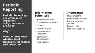 Periodic
Reporting
Periodic Reporting is
one of the most
important
obligations under
Article 29.
Why?:
UNESCO must know
whether World
Heritage Sites remain
well protected.
Information
Submitted
• Management plan.
• Conservation activities.
• Threats.
• Tourism impact.
• Environmental
conditions.
• Community
participation.
• Future plans.
Importance
•Helps UNESCO
•Monitor conservation.
•Provide technical
support.
•Identify risks.
•Plan future actions.
 