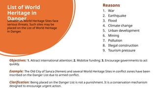List of World
Heritage in
Danger
Reasons
1. War
2. Earthquake
3. Flood
4. Climate change
5. Urban development
6. Mining
7. Pollution
8. Illegal construction
9. Tourism pressure
Sometimes World Heritage Sites face
serious threats. Such sites may be
placed on the List of World Heritage
in Danger.
Objectives: 1. Attract international attention; 2. Mobilize funding; 3. Encourage governments to act
quickly.
Example: The Old City of Sana'a (Yemen) and several World Heritage Sites in conflict zones have been
inscribed on the Danger List due to armed conflict.
Clarification: Being placed on the Danger List is not a punishment. It is a conservation mechanism
designed to encourage urgent action.
 