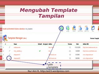Mengubah Template
     Tampilan




                    pilih
                    template
  Nur Aini R, http://ai23.wordpress.com
 