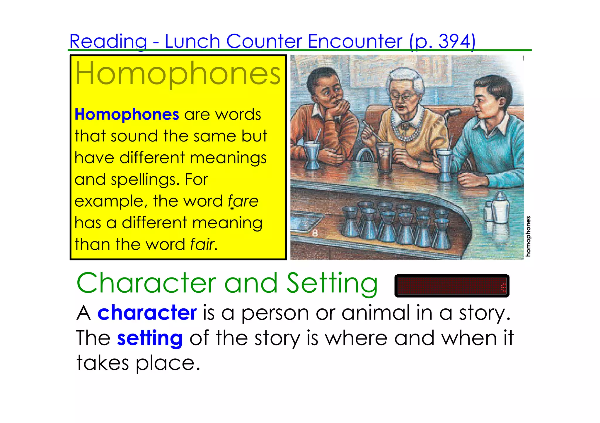 Reading ­ Lunch Counter Encounter (p. 394)
Homophones
Homophones are words
that sound the same but
have different meanings
and spellings. For
example, the word fare




                                                homophones
has a different meaning
than the word fair.

Character and Setting
A character is a person or animal in a story.
The setting of the story is where and when it
takes place.
 