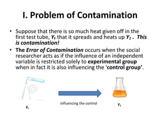 I. Problem of Contamination
• Suppose that there is so much heat given off in the
  first test tube, Y₁ that it spreads and heats up Y₂ . This
  is contamination!
• The Error of Contamination occurs when the social
  researcher acts as if the influence of an independent
  variable is restricted solely to experimental group
  when in fact it is also influencing the ‘control group’.




                      Influencing the control   Y₂
      Y₁
 