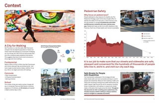 San Francisco Pedestrian Strategy4 San Francisco Municipal Transportation Agency 5
A City for Walking
San Francisco is a city that walks. San Francisco’s
compact size and daytime population of nearly one
million mean that walking is a crucial part of keeping
our city moving. Yet, 25% of all car trips are less than
one mile, a distance easily walked by most adults.
This suggests that there is still much to be done to
encourage even more walking.
Fundamental
Nearly a fifth of of the 4 million trips San Franciscans
and visitors take each day are entirely by foot. And
every single trip each person makes, whether it’s by
bus, bike or car, begins and ends with walking.
Commute
• Daily Transportation
• A Popular Commute Option
• Getting to School
School
The number of kids who walk to school, though still
low, is increasing. There are Safe Routes to Schools
programs at 15 schools, and 55 schools participated
in Walk to School Day in 2012.
Context
Safe Streets for People
with Disabilities
The improvements addressed in this strategy will help
make streets safer and more accessible and easy to use for
people with disabilities. Measures like installing 13,000 curb
ramps and increasing crossing time at 800 intersections will
make it easier to get around the city for everyone, including
those in wheelchairs, with walkers, or anyone who simply
needs a little extra time to get across the street. Throughout
this document we refer to walking and to pedestrians;this
includes everyone, whether walking or using an assistive
device to navigate our sidewalks and streets.
Pedestrian Safety
Why focus on pedestrians?
People walking are a key measure of a healthy city. This
Pedestrian Strategy is part of the City’s broader effort to
address the safety of all road users. In San Francisco, over
the past decade, on average 20 pedestrians were killed
and 800 injured in collisions with motor vehicles every
year. Pedestrians make up half of all traffic fatalities in San
Francisco. Each one of these deaths and injuries is avoidable.
It is our job to make sure that our streets and sidewalks are safe,
pleasant and convenient for the hundreds of thousands of people
who live in, work in, and visit our city each day.
1990 1992 1994 1996 1998 2000 2002 2004 2006 2008 2010 2012 2014 2016 2018 2020 2022 2024 2026
160
140
120
100
80
60
40
20
0
2010 Primary Transportation Mode
(All trips begin and end with walking)1
1%
3.5%
61% 17%
17.5%
� Fatal Collisions
� Severe Collisions
� Reduction Target Trend
— Severe and Fatal Collisions
per 100,000
 