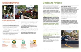 San Francisco Pedestrian Strategy10 San Francisco Municipal Transportation Agency 11
Walkscore:
2nd Most Walkable
City in U.S., 2012
University of
North Carolina:
Gold Level Walk
Friendly Community
2012 Sustainable
Transport Award:
for SFpark,
cycling and public
space improvements
San Francisco Bicycle
Coalition’s Golden Wheel
Award:for installation
of parklets
Existing Efforts Goals and Actions
• Created a Pedestrian Environmental Quality Index and
pedestrian injury prediction models to focus resources
strategically in the areas of greatest need
• Launched Sunday Streets, which attracts thousands of
San Franciscans and visitors to walk and enjoy vibrant
events in car-free streets
• Supported the creation of over 100 parklets, creative ways
to use street space to provide seating and other amenities
for pedestrians and shoppers
• Built four new plazas and one promenade to enliven
streets and provide more space for people on foot
In recent years the City has:
• Installed and enforced 15-mile-per-hour speed limits at
181 schools to protect children and make neighborhood
streets safer and more comfortable for everyone
• Increased pedestrian crossing time at 390 intersections
• Installed over 200 traffic calming devices, such as
speed humps, citywide
• Created the first pilot “home zone,” with holistic traffic
calming measures to slow speeds and put the safety and
comfort of people first
• Stepped up enforcement of crosswalk violations and
other activities that endanger pedestrians
The City has been recognized for these efforts:
The City is committed to taking the following actions to
reduce pedestrian collisions and increase walking by
creating more pedestrian-friendly streets. The actions are
linked to a set of measurable objectives with deadlines.
Of the many important actions listed below, it is worth
highlighting a few that form the core of this strategy — the
improvements to be made on high-priority streets (see box
at right) and in targeted areas.
Improve at least 5 miles of
High Priority streets each year
• Redesign one mile per year with treatments including
sidewalk widening and greening, new traffic lights, etc.
• Redesign four miles per year with less capital-intensive
treatments such as re-opening crosswalks, narrowing
lanes or road diets, countdown crossing signals, etc.
Continue to improve school safety
around at least 5 schools annually
• Prioritize schools that did not qualify for 15-mph zones
because they are on streets with high traffic speed
and volume.
• Improvements will include increased traffic enforcement
as well as bulb-outs, mid-block crossings with traffic
lights, and countdown signals.
Improve safety around at least 2
areas annually that have high rates
of injuries to seniors
• Focus enforcement around senior centers, targeting failure
to yield to pedestrians, as well as speeding and red-light
running as needed.
• Improvements will include fixes such as bulb-outs,
midblock crossings with traffic lights and countdown
signals, and longer crossing times.
High-Priority Streets
High-priority s treets were identified by the WalkFirst
project and the Data Subcommittee of the Mayor’s
Pedestrian Safety Task Force. WalkFirst analyzed the street
network to find corridors with high actual or potential
volumes of pedestrians — Key Walking Streets — and
overlaid these with corridors with high frequency and
severity of crashes. The WalkFirst project identified
44 miles of streets as priority candidates to receive
Complete Streets improvements between now and 2021.
At least eight miles of these high-priority streets will
receive more capital intensive treatments including
sidewalk widening.
The remaining 36 miles will receive interventions that
may include road diets, bulb-outs, additional crossing
time, and the addition of flashing beacons, or reopening
of crosswalks; again, interventions will undergo necessary
environmental clearance.
The City will make these improvements in concert with
other planned construction wherever possible to save costs
and minimize disruption to residents and businesses.
 