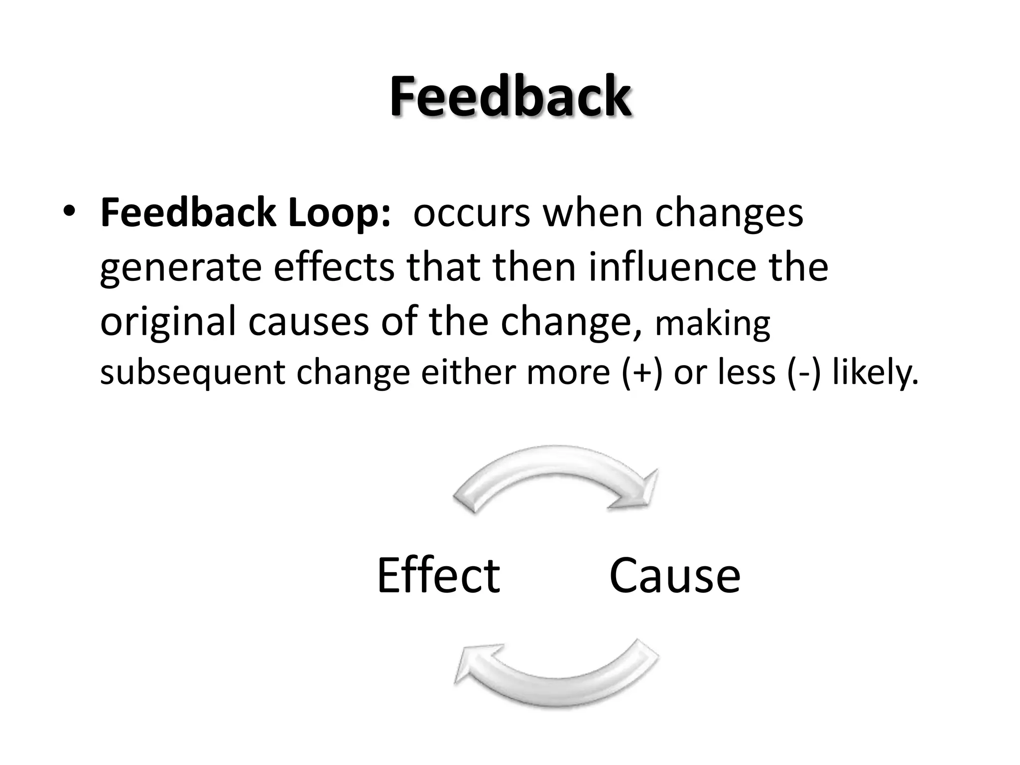 Feedback
• Feedback Loop: occurs when changes
  generate effects that then influence the
  original causes of the change, making
  subsequent change either more (+) or less (-) likely.




                   Effect         Cause
 