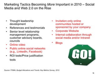 Marketing Tactics Becoming  More  Important in 2010 – Social Media and Web 2.0 on the Rise Thought leadership development  References and testimonials Senior level relationship management programs, customer advisory boards, councils Online video Public online social networks (e.g., LinkedIn, Facebook) ROI tools/Price justification tools Invitation-only online communities hosted or sponsored by your company Corporate Website Internal collaboration through social media and/or Intranet Blogs Source: ITSMA,  Budget Allocations and Trends: Key Metrics Survey, 2010 