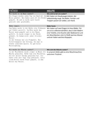 FRÜHER HEUTE
Wie wurde es im Haus sauber? Wie wird es bei uns sauber?
Bäder damals Bäder heute
Wie wurde die Wäsche sauber? Wie wird die Wäsche sauber?
Die Etagen wurden jeden Tag von Hand mit dem
Besen gekehrt. Das haben auch oft die Kinder
gemacht. Ab und zu wurde auch feucht
gewischt oder geschrubbt.
Wir haben ein Staubsaugerroboter, der
selbstständig saugt. Die Bäder, Fenster und
Treppen putzen wir selber, von Hand.
Zum Baden wurde in der Küche eine Zinkwanne
auf Stühle gestellt. Im Ofen wurde das
Wasser warm gemacht und in die Wanne
gefüllt. Es wurde einmal in der Woche
gebadet. Es bekam nicht jeder frisches
Wasser.
In der Scheune war ein Plumpsklo. Das
Toilettenpapier war Zeitung, die man in
Stücke schneiden musste. Es gab keine
Wasserspülung.
Wir haben auf zwei Etagen im Haus Bäder. Für
uns ist es selbstverständlich, dass in den Bädern
eine Toilette, eine Dusche oder Badewanne und
ein Waschbecken sind. Es fließt warmes Wasser
und wir haben weiches Klopapier.
In der Waschküche wurde einmal im Monat die
Wäsche gewaschen. Dafür kam eine Waschfrau,
die mit meiner Uhroma gewaschen hat. Sie
haben etwa zwei Tage lang gebraucht. Unter
einem Kessel wurde Feuer gemacht, in dem
Kessel war Wasser.
In unserem Keller gibt es eine Waschmaschine
und einen Trockner.
 