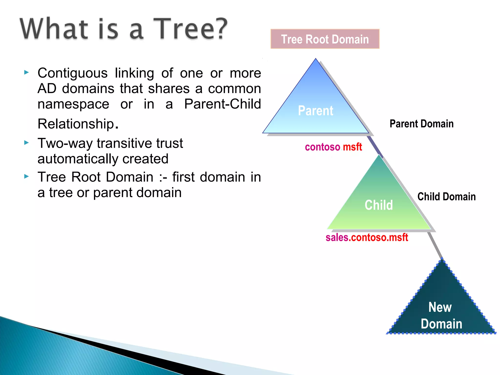Tree Root Domain

   Contiguous linking of one or more
    AD domains that shares a common
    namespace or in a Parent-Child           Parent
                                              Parent
    Relationship.                                                Parent Domain
   Two-way transitive trust                  contoso.msft
    automatically created
   Tree Root Domain :- first domain in
    a tree or parent domain                                            Child Domain
                                                             Child
                                                              Child

                                                  sales.contoso.msft




                                                                        New
                                                                       Domain
 