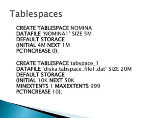 CREATE TABLESPACE NOMINA
DATAFILE ‘NOMINA1’ SIZE 5M
DEFAULT STORAGE
(INITIAL 4M NEXT 1M
PCTINCREASE 0);
CREATE TABLESPACE tabspace_1
DATAFILE ‘diska:tabspace_file1.dat’ SIZE 20M
DEFAULT STORAGE
(INITIAL 10K NEXT 50K
MINEXTENTS 1 MAXEXTENTS 999
PCTINCREASE 10);
 
