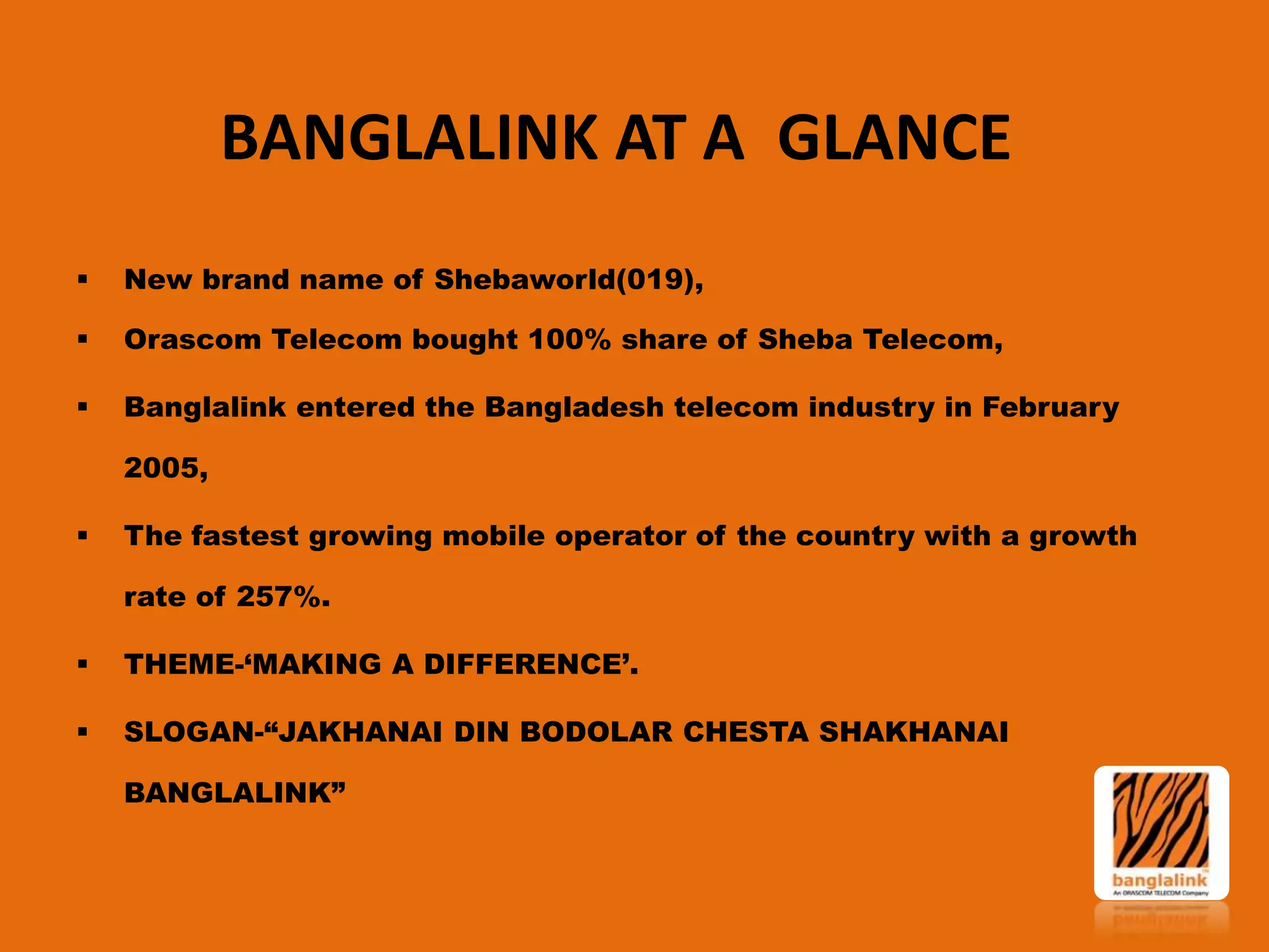 BANGLALINK AT A GLANCE


New brand name of Shebaworld(019),



Orascom Telecom bought 100% share of Sheba Telecom,



Banglalink entered the Bangladesh telecom industry in February
2005,



The fastest growing mobile operator of the country with a growth
rate of 257%.



THEME-„MAKING A DIFFERENCE‟.



SLOGAN-“JAKHANAI DIN BODOLAR CHESTA SHAKHANAI
BANGLALINK”

 