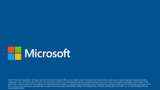 ©2013 Microsoft Corporation. All rights reserved. Microsoft, Windows, Office, Azure, System Center, Dynamics and other product names are or may be registered trademarks and/or
trademarks in the U.S. and/or other countries. The information herein is for informational purposes only and represents the current view of Microsoft Corporation as of the date of this
presentation. Because Microsoft must respond to changing market conditions, it should not be interpreted to be a commitment on the part of Microsoft, and Microsoft cannot guarantee
the accuracy of any information provided after the date of this presentation. MICROSOFT MAKES NO WARRANTIES, EXPRESS, IMPLIED OR STATUTORY, AS TO THE INFORMATION IN
THIS PRESENTATION.
 