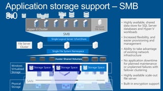 • Highly available, shared
data store for SQL Server
databases and Hyper-V
workloads
• Increased flexibility, and
easier provisioning and
management
• Ability to take advantage
of existing network
infrastructure
• No application downtime
for planned maintenance
or unplanned failures with
failover clustering
• Highly available scale-out
file server
• Built-in encryption support
File Server
Cluster
Cluster Shared Volumes
Single File System Namespace
SMB
Single Logical Server FooShare
RAID
Array
RAID
Array
RAID
Array
SAN
Windows
Virtualized
Storage
Physical
Storage
Storage PoolStorage Pool
Storage Space Storage Space Storage Space
Hyper-V Cluster
Microsoft
SQL Server
 