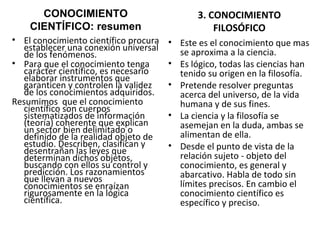 CONOCIMIENTO CIENTÍFICO: resumen El conocimiento científico procura establecer una conexión universal de los fenómenos. Para que el conocimiento tenga carácter científico, es necesario elaborar instrumentos que garanticen y controlen la validez de los conocimientos adquiridos. Resumimos  que el conocimiento científico son cuerpos sistematizados de información (teoría) coherente que explican un sector bien delimitado o definido de la realidad objeto de estudio. Describen, clasifican y desentrañan las leyes que determinan dichos objetos, buscando con ellos su control y predicción. Los razonamientos que llevan a nuevos conocimientos se enraízan rigurosamente en la lógica científica. 3. CONOCIMIENTO FILOSÓFICO Este es el conocimiento que mas se aproxima a la ciencia. Es lógico, todas las ciencias han tenido su origen en la filosofía. Pretende resolver preguntas acerca del universo, de la vida humana y de sus fines. La ciencia y la filosofía se asemejan en la duda, ambas se alimentan de ella. Desde el punto de vista de la relación sujeto - objeto del conocimiento, es general y abarcativo. Habla de todo sin límites precisos. En cambio el conocimiento científico es específico y preciso.  