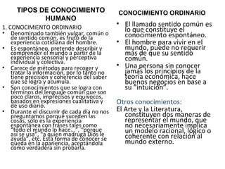 TIPOS DE CONOCIMIENTO HUMANO 1. CONOCIMIENTO ORDINARIO  Denominado también vulgar, común o de sentido común, es fruto de la experiencia cotidiana del hombre. Es espontáneo, pretende describir y comprender el mundo a partir de la experiencia sensorial y perceptiva individual y colectiva. Carece de métodos para recoger y tratar la información, por lo tanto no tiene precisión y coherencia del saber que se logra y acumula. Son conocimientos que se logra con términos del lenguaje común que son poco claros, imprecisos y equívocos, basados en expresiones cualitativa y de uso diario. Durante el discurrir de cada día no nos preguntamos porqué suceden las cosas, sólo es la experiencia espontánea con frases tales como “todo el mundo lo hace...”, “porque así se usa”, “a quien madruga Dios le ayuda”, etc. Esta forma de conocer se queda en la apariencia, aceptándola como verdadera sin probarla.  CONOCIMIENTO ORDINARIO El llamado sentido común es lo que constituye el conocimiento espontáneo.  El hombre para vivir en el mundo, puede no requerir más de que su sentido común. Una persona sin conocer jamás los principios de la teoría económica, hace buenos negocios en base a su “intuición”. Otros conocimientos:   El Arte y la Literatura, constituyen dos maneras de representar el mundo, que no necesariamente implica un modelo racional, lógico o coherente con relación al mundo externo. 