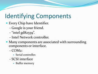 Identifying ComponentsEvery Chip have Identifier.    - Google is your friend.   - “intel gd82559”.   - Intel Network controller.Many components are associated with surrounding components or interface.   - COM2:Serial controller.   - SCSI interface Buffer memory
