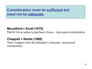 Consideration must be  sufficient  but  need not be  adequate Mountford v Scott (1975) Paid $1 for an option to purchase a...