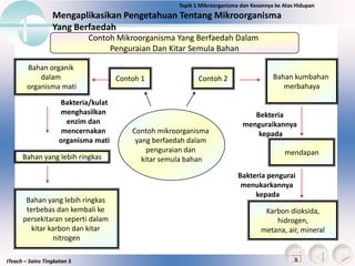 ITeach – Sains Tingkatan 5
Mengaplikasikan Pengetahuan Tentang Mikroorganisma
Yang Berfaedah
Topik 1 Mikroorganisma dan Kesannya ke Atas Hidupan
Contoh Mikroorganisma Yang Berfaedah Dalam
Penguraian Dan Kitar Semula Bahan
Contoh 1 Contoh 2
Contoh mikroorganisma
yang berfaedah dalam
penguraian dan
kitar semula bahan
Bahan organik
dalam
organisma mati
Bahan kumbahan
merbahaya
Bekteria
menguraikannya
kepada
mendapan
Bakteria/kulat
menghasilkan
enzim dan
mencernakan
organisma mati
Bahan yang lebih ringkas
Bahan yang lebih ringkas
terbebas dan kembali ke
persekitaran seperti dalam
kitar karbon dan kitar
nitrogen
Karbon dioksida,
hidrogen,
metana, air, mineral
Bakteria pengurai
menukarkannya
kepada
 