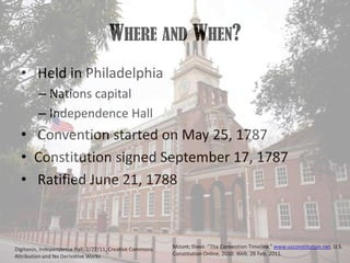 Where and When?  Held in PhiladelphiaNations capital	Independence Hall Convention started on May 25, 1787Constitution signed September 17, 1787 Ratified June 21, 1788Mount, Steve. “The Convention Timeline.” www.usconstitution.net. U.S. Constitution Online, 2010. Web. 26 Feb. 2011.Digitonin, Independence Hall, 2/27/11, Creative Commons Attribution and No Derivative Works 