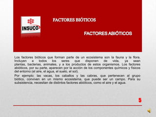 Los factores bióticos que forman parte de un ecosistema son la fauna y la flora.
Incluyen a todos los seres que disponen de vida, ya sean
plantas, bacterias, animales, y a los productos de estos organismos. Los factores
abióticos, por su parte, aparecen por la acción de los componentes químicos y físicos
del entorno (el aire, el agua, el suelo, el sol).
Por ejemplo: las vacas, los caballos y las cabras, que pertenecen al grupo
biótico, conviven en un mismo ecosistema, que puede ser un campo. Para su
subsistencia, necesitan de distintos factores abióticos, como el aire y el agua.
5
 