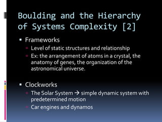 Boulding and the Hierarchy
of Systems Complexity [2]
 Frameworks
   Level of static structures and relationship
   Ex: the arrangement of atoms in a crystal, the
    anatomy of genes, the organization of the
    astronomical universe.

 Clockworks
   The Solar System  simple dynamic system with
    predetermined motion
   Car engines and dynamos
 