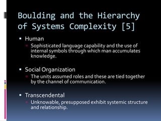 Boulding and the Hierarchy
of Systems Complexity [5]
 Human
   Sophisticated language capability and the use of
    internal symbols through which man accumulates
    knowledge.

 Social Organization
   The units assumed roles and these are tied together
    by the channel of communication.

 Transcendental
   Unknowable, presupposed exhibit systemic structure
    and relationship.
 