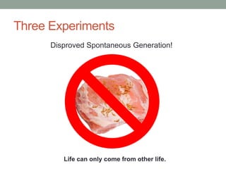 Three Experiments 
Disproved Spontaneous Generation! 
Life can only come from other life. 
 