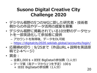 Susono Digital Creative City
Challenge 2020
評価項目 評価内容 評価点
データの活用
どのように広く・深くデータが活用されて
いるか？提供されたデータ以外の他のデー
タセットへの拡張が見込まれるか？
...