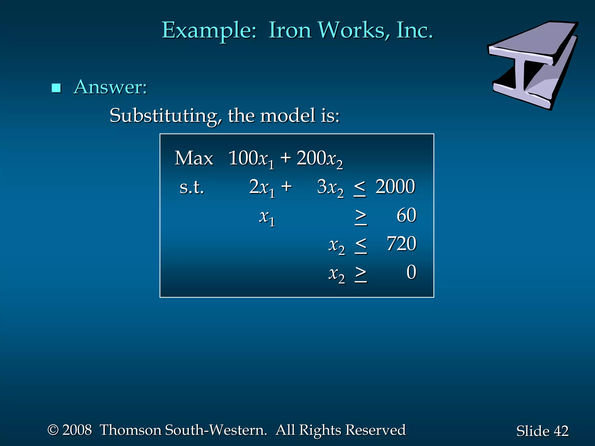 42
Slide
© 2008 Thomson South-Western. All Rights Reserved
Example: Iron Works, Inc.
 Answer:
Substituting, the model is:
Max 100x1 + 200x2
s.t. 2x1 + 3x2 < 2000
x1 > 60
x2 < 720
x2 > 0
 