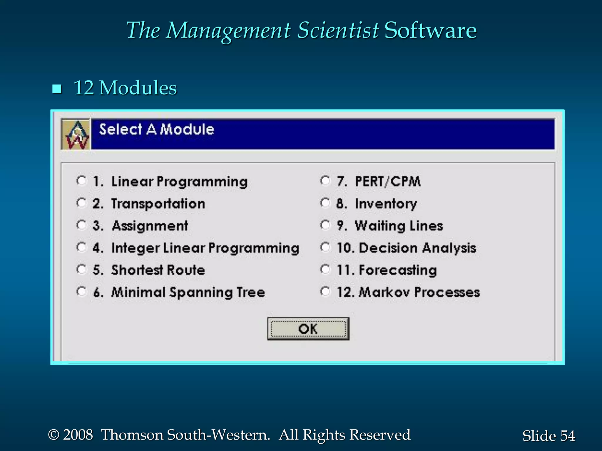 54
Slide
© 2008 Thomson South-Western. All Rights Reserved
The Management Scientist Software
 12 Modules
 