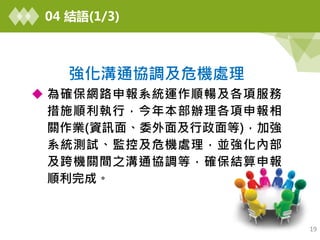 19
強化溝通協調及危機處理
 為確保網路申報系統運作順暢及各項服務
措施順利執行，今年本部辦理各項申報相
關作業(資訊面、委外面及行政面等)，加強
系統測試、監控及危機處理，並強化內部
及跨機關間之溝通協調等，確保結算申報
順利完成。
04 結語(1/3)
 