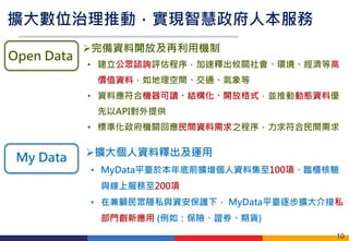 擴大數位治理推動，實現智慧政府人本服務
Open Data
擴大個人資料釋出及運用
• MyData平臺於本年底前擴增個人資料集至100項、臨櫃核驗
與線上服務至200項
• 在兼顧民眾隱私與資安保護下， MyData平臺逐步擴大介接私
部門創新應用 (例如：保險、證券、期貨)
My Data
10
完備資料開放及再利用機制
• 建立公眾諮詢評估程序，加速釋出攸關社會、環境、經濟等高
價值資料，如地理空間、交通、氣象等
• 資料應符合機器可讀、結構化、開放格式，並推動動態資料優
先以API對外提供
• 標準化政府機關回應民間資料需求之程序，力求符合民間需求
 