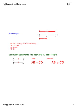 1.2 Segments and Congruence                                                     8­23­10




                                                              36
       Find Length
                                                     F        G            H

                                                         21


         FH = FG + GH (Segment Addition Postulate)
         36 = 21 + GH
         36-21 = GH
         15 = GH



       Congruent Segements: line segments w/ same length
                                            Equal              Congruent
             A              B

             C              D             AB = CD                    AB ≅ CD 




HW pg.9 #6­11, 13­17, 24­27                                                               8
 