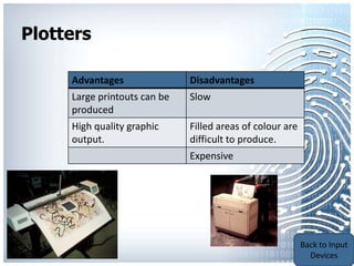 Plotters

     Advantages               Disadvantages
     Large printouts can be   Slow
     produced
     High quality graphic     Filled areas of colour are
     output.                  difficult to produce.
                              Expensive




                                                           Back to
                                                           Output
                                                           Devices
 