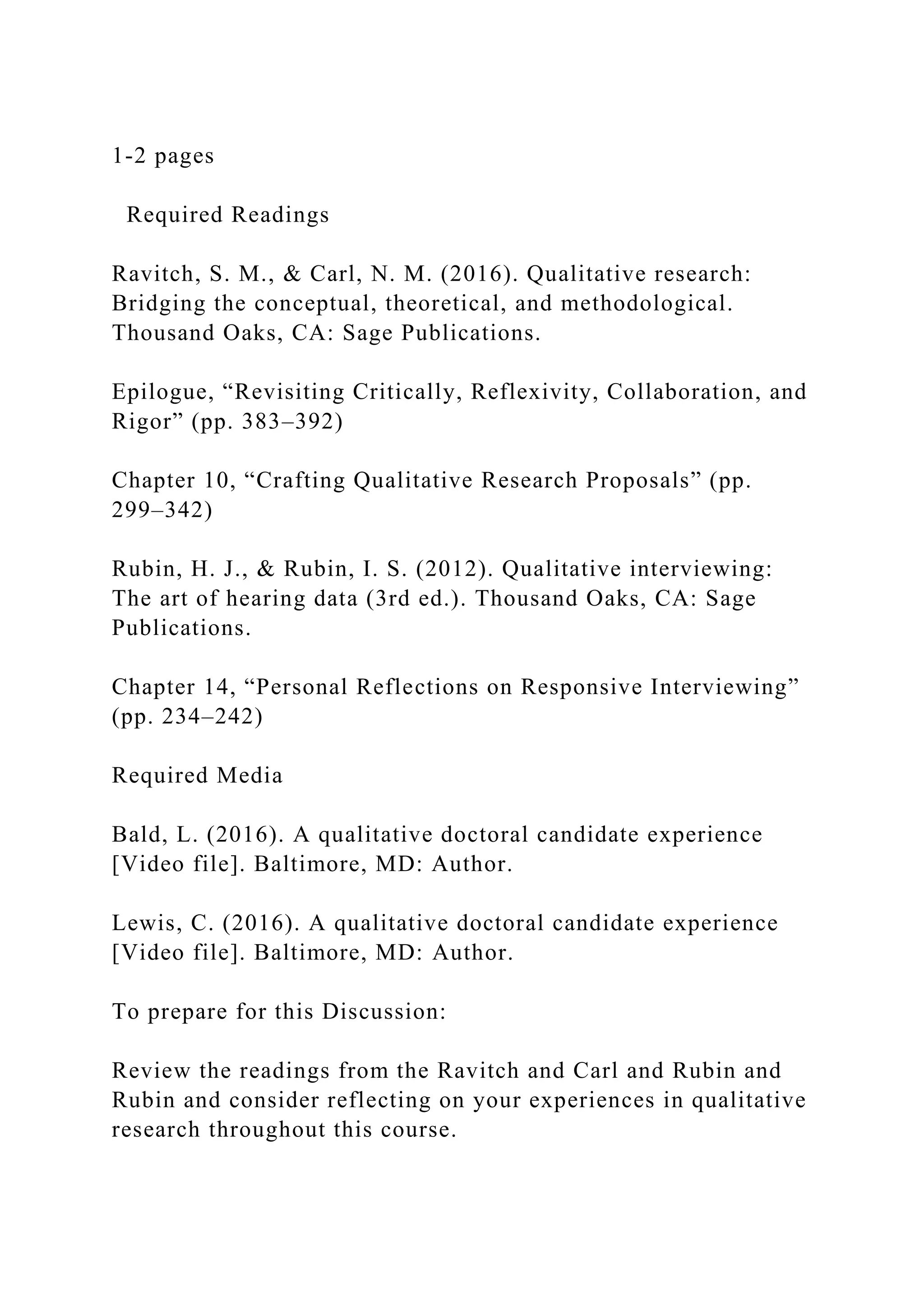 1-2 pages Required ReadingsRavitch, S. M., & Carl, N. M. (2.docx