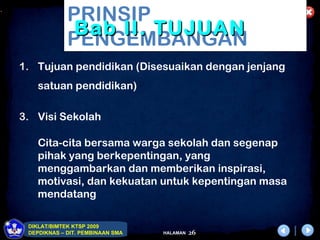 .
                 PRINSIP
                  Bab II. TUJUAN
                 PENGEMBANGAN
    1. Tujuan pendidikan (Disesuaikan dengan jenjang
        satuan pendidikan)

    3. Visi Sekolah

        Cita-cita bersama warga sekolah dan segenap
        pihak yang berkepentingan, yang
        menggambarkan dan memberikan inspirasi,
        motivasi, dan kekuatan untuk kepentingan masa
        mendatang

     DIKLAT/BIMTEK KTSP 2009
     DEPDIKNAS – DIT. PEMBINAAN SMA   HALAMAN   26
 