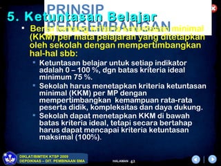 .
            PRINSIP Belajar
    5. Ketuntasan
            PENGEMBANGAN
       Berisi tentang kriteria ketuntasan minimal
          (KKM) per mata pelajaran yang ditetapkan
          oleh sekolah dengan mempertimbangkan
          hal-hal sbb:
            Ketuntasan belajar untuk setiap indikator
             adalah 0 – 100 %, dgn batas kriteria ideal
             minimum 75 %.
            Sekolah harus menetapkan kriteria ketuntasan
             minimal (KKM) per MP dengan
             mempertimbangkan kemampuan rata-rata
             peserta didik, kompleksitas dan daya dukung.
            Sekolah dapat menetapkan KKM di bawah
             batas kriteria ideal, tetapi secara bertahap
             harus dapat mencapai kriteria ketuntasan
             maksimal (100%).

      DIKLAT/BIMTEK KTSP 2009
      DEPDIKNAS – DIT. PEMBINAAN SMA   HALAMAN   42
 