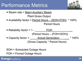 Performance Metrics
   Steam rate = Main+Auxiliary Steam
                      Plant Gross Output
   Availability factor = Period Hours – (SOH+FOH) * 100%
                                   Period Hours

   Reliability factor = 1 -          FOH               _
                          (Period Hours – (FOH+SOH))
   Capacity factor =          Actual Generation   ___ * 100%
                      (Gross Capacity * Period Hours)

  SOH = Scheduled Outage Hours
  FOH = Forced Outage Hours
                                                                28
 