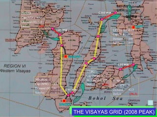 440 MW Submarine
                                                                     Cable to Luzon
PANAY                                                  C360 MW
Cap (MW) 93                                                                200 MW
Demand (H) 122
Deficit     (29)                                                                  LGPF
                      C85 MW                                       LEYTE-SAMAR
                                                                   Cap (MW) 561
                                                                   Demand   160
                                                                   Surplus  401
                                                      200 MW cap


                               NNGPF
                               100 MW cap
                                                                      C50 MW

                                               CEBU
                                               Cap (MW) 151
         NEGROS                                Demand (H) 402      BOHOL
         Cap (MW) 185                          Deficit   (251)     Cap (MW) 6
         Demand (H) 184     100 MW
                             C90 MW                                Demand   42.3
         Surplus      1                                            Deficit   (36.3)
                                  100 MW cap


                          SNGPF

                                  THE VISAYAS GRID (2008 PEAK)
 