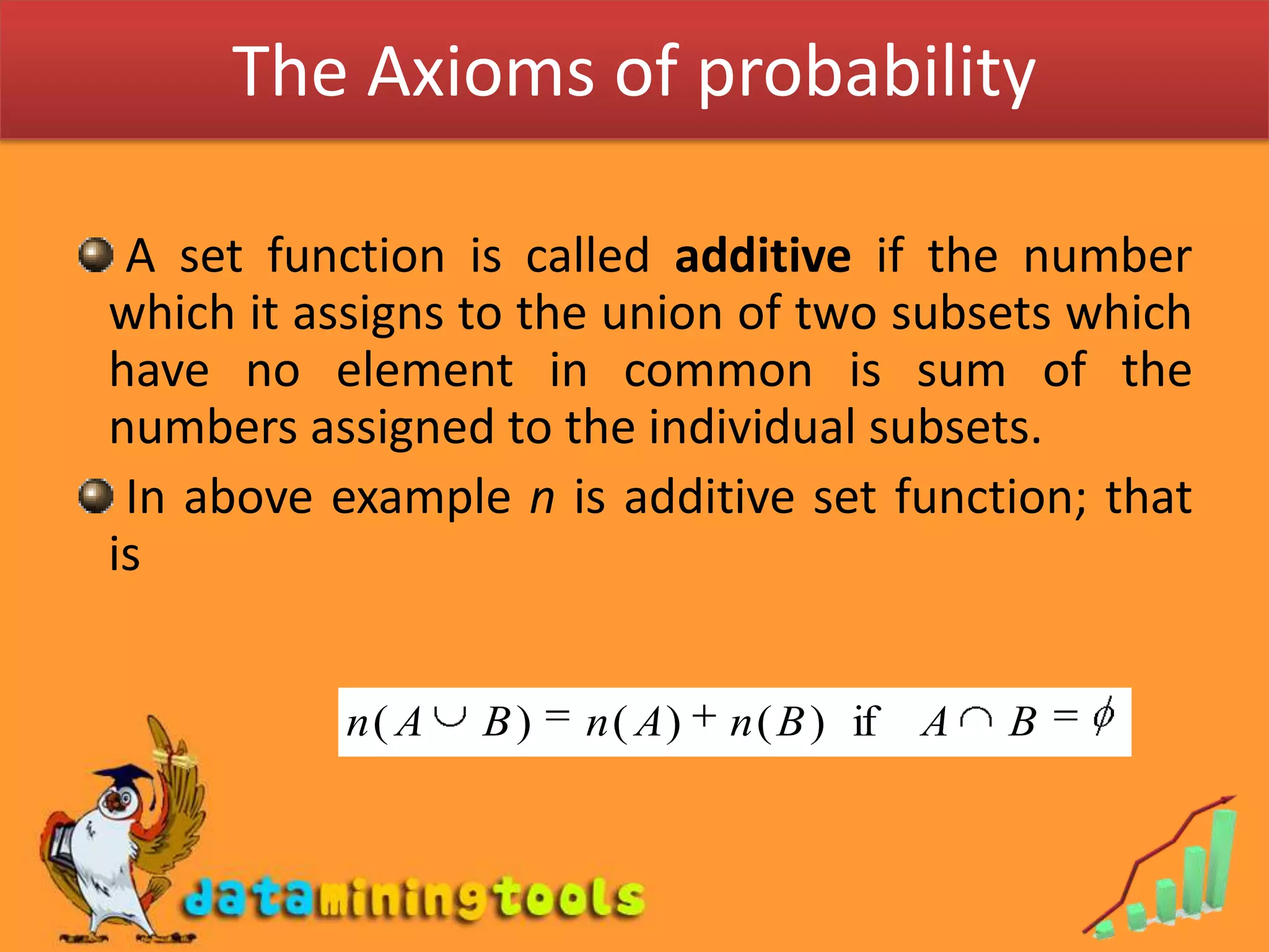 The Axioms of probability  A set function is called additive if the number which it assigns to the union of two subsets which have no element in common is sum of the numbers assigned to the individual subsets. In above example n is additive set function; that is