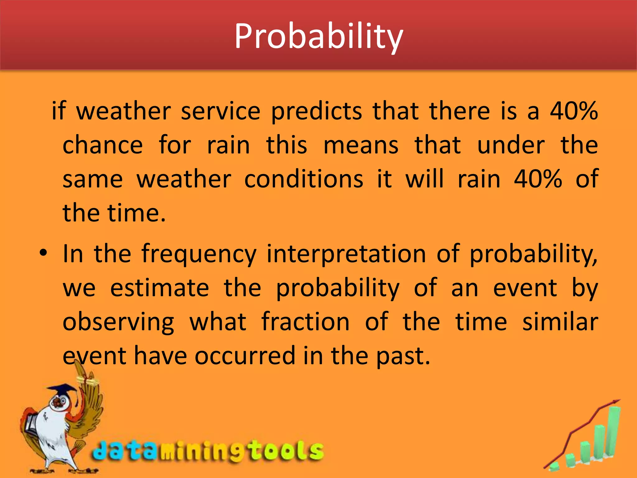 Probability  if weather service predicts that there is a 40% chance for rain this means that under the same weather conditions it will rain 40% of the time.In the frequency interpretation of probability, we estimate the probability of an event by observing what fraction of the time similar event have occurred in the past.