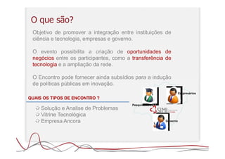 O que são?
 Objetivo de promover a integração entre instituições de
 ciência e tecnologia, empresas e governo.

 O evento possibilita a criação de oportunidades de
 negócios entre os participantes, como a transferência de
 tecnologia e a ampliação da rede.

 O Encontro pode fornecer ainda subsídios para a indução
 de políticas públicas em inovação.
                                                                   Empresários
QUAIS OS TIPOS DE ENCONTRO ?
                                         Pesquisadores
     Solução e Analise de Problemas
     Vitrine Tecnológica
     Empresa Ancora                                      Governo
 