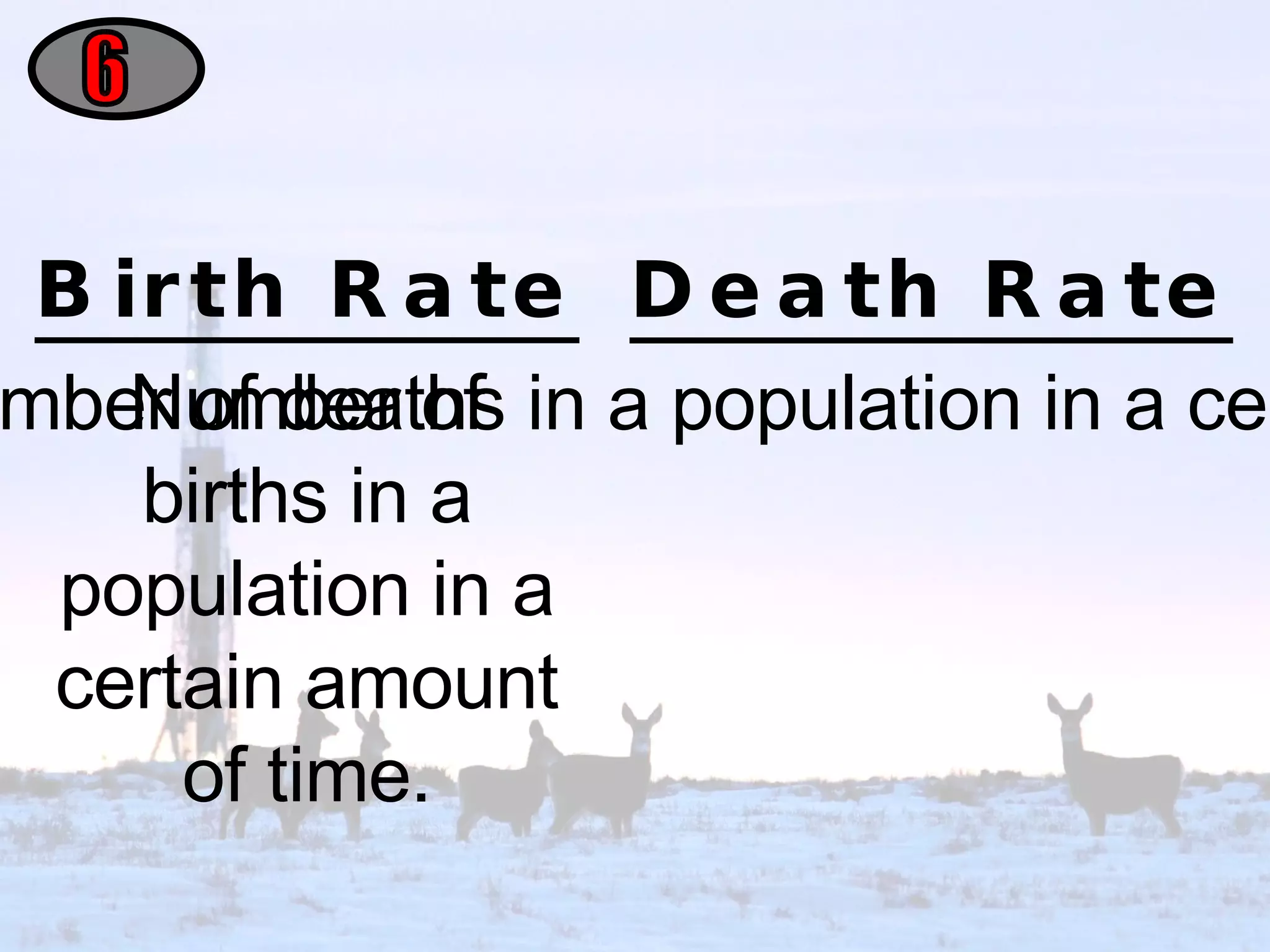 Birth Rate Number of births in a population in a certain amount of time. 6 Death Rate Number of deaths in a population in a certain amount of time. 