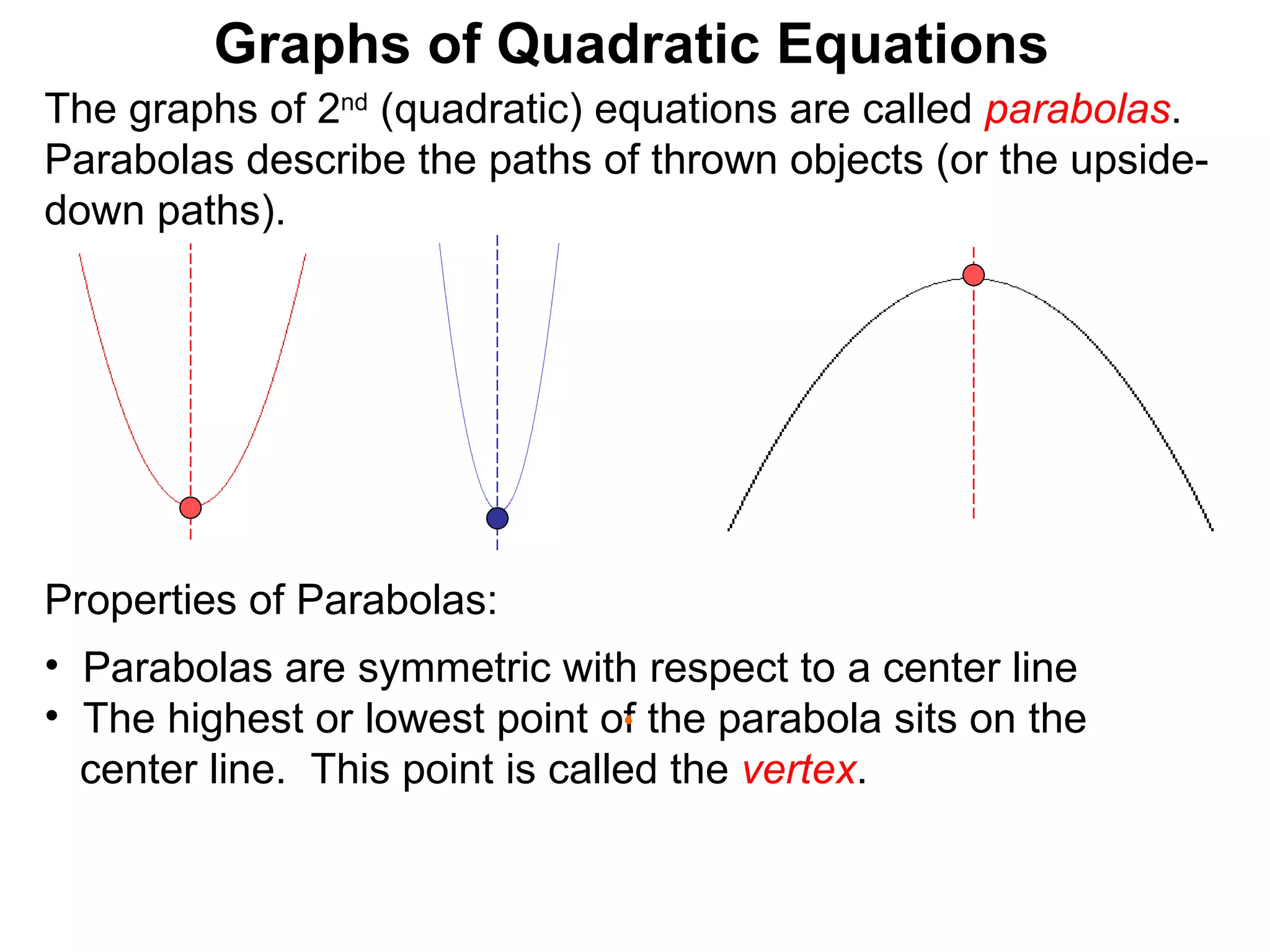 The graphs of 2 nd  (quadratic) equations are called  parabolas . Parabolas describe the paths of thrown objects (or the upside-down paths). Graphs of Quadratic Equations Properties of Parabolas:  Parabolas are symmetric with respect to a center line The highest or lowest point of the parabola sits on the  center line.  This point is called the  vertex . 