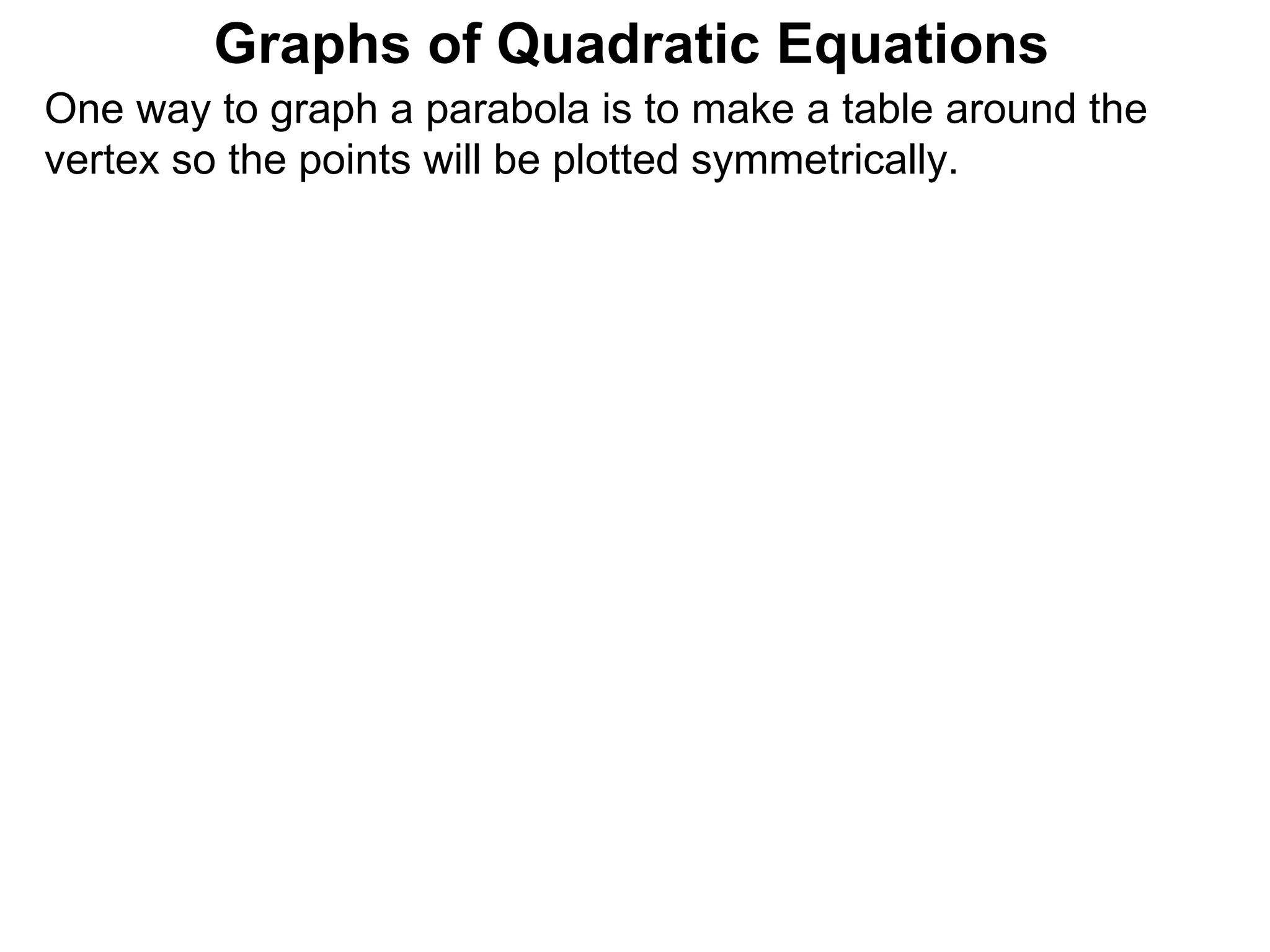 Graphs of Quadratic Equations One way to graph a parabola is to make a table around the vertex so the points will be plotted symmetrically.  
