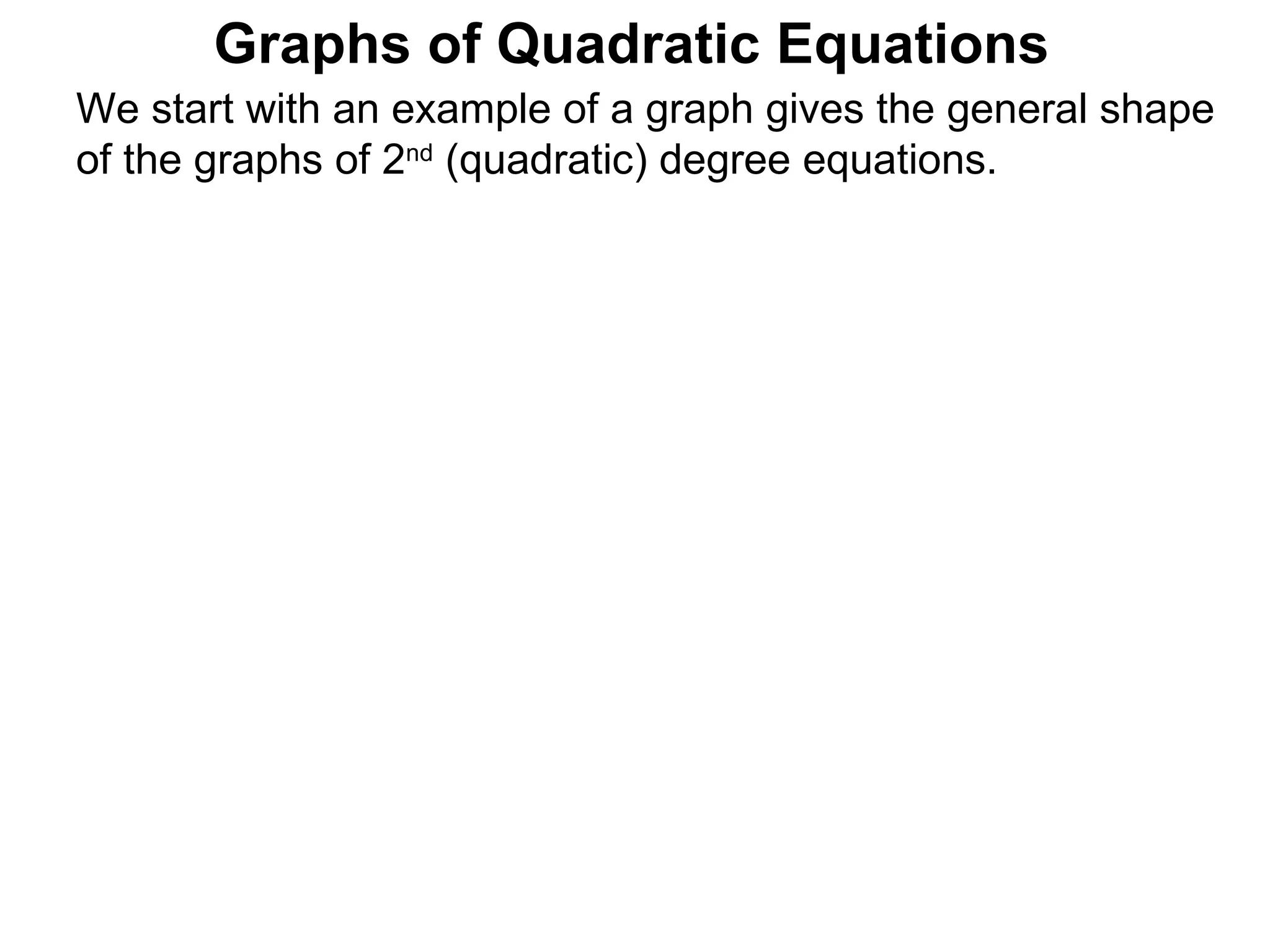 Graphs of Quadratic Equations We start with an example of a graph gives the general shape of the graphs of 2 nd  (quadratic) degree equations. 