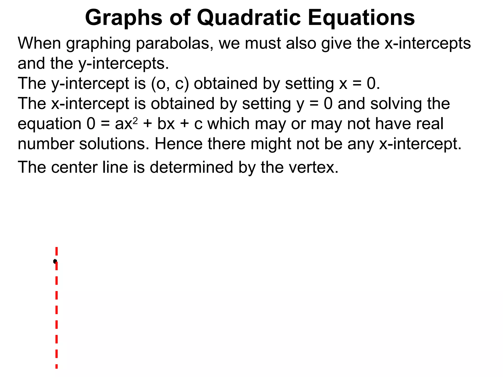 The center line is determined by the vertex.  Graphs of Quadratic Equations When graphing parabolas, we must also give the x-intercepts and the y-intercepts.  The y-intercept is (o, c) obtained by setting x = 0.  The x-intercept is obtained by setting y = 0 and solving the equation 0 = ax 2  + bx + c which may or may not have real number solutions. Hence there might not be any x-intercept. 