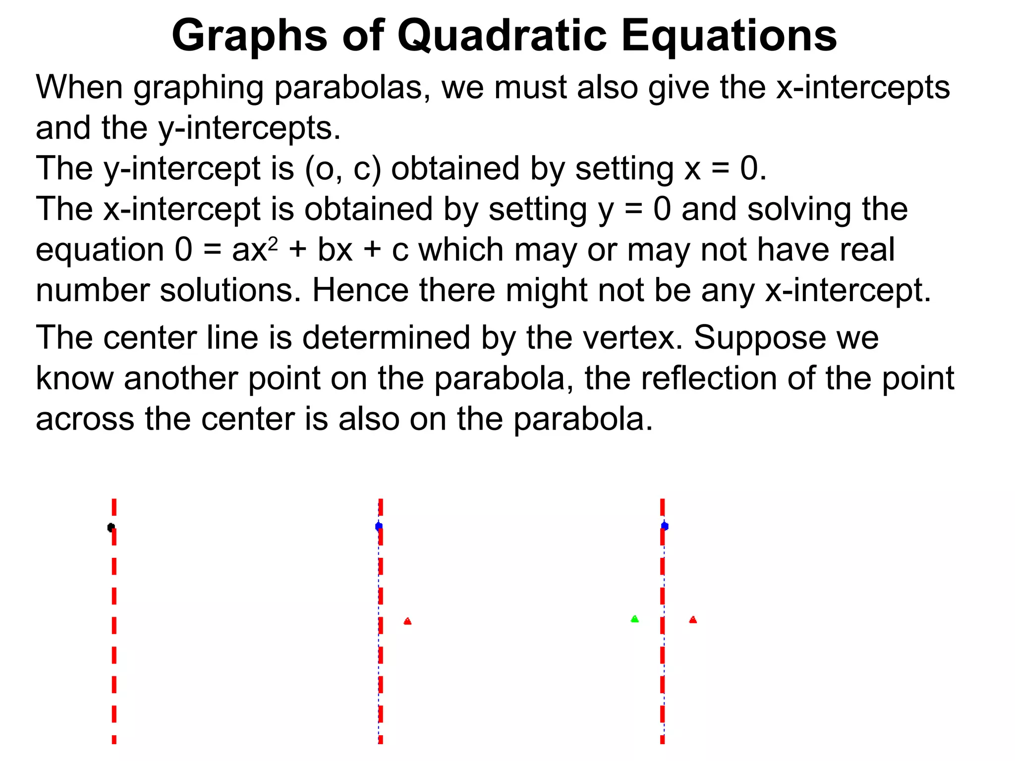 The center line is determined by the vertex. Suppose we know another point on the parabola, the reflection of the point across the center is also on the parabola.  Graphs of Quadratic Equations When graphing parabolas, we must also give the x-intercepts and the y-intercepts.  The y-intercept is (o, c) obtained by setting x = 0.  The x-intercept is obtained by setting y = 0 and solving the equation 0 = ax 2  + bx + c which may or may not have real number solutions. Hence there might not be any x-intercept. 