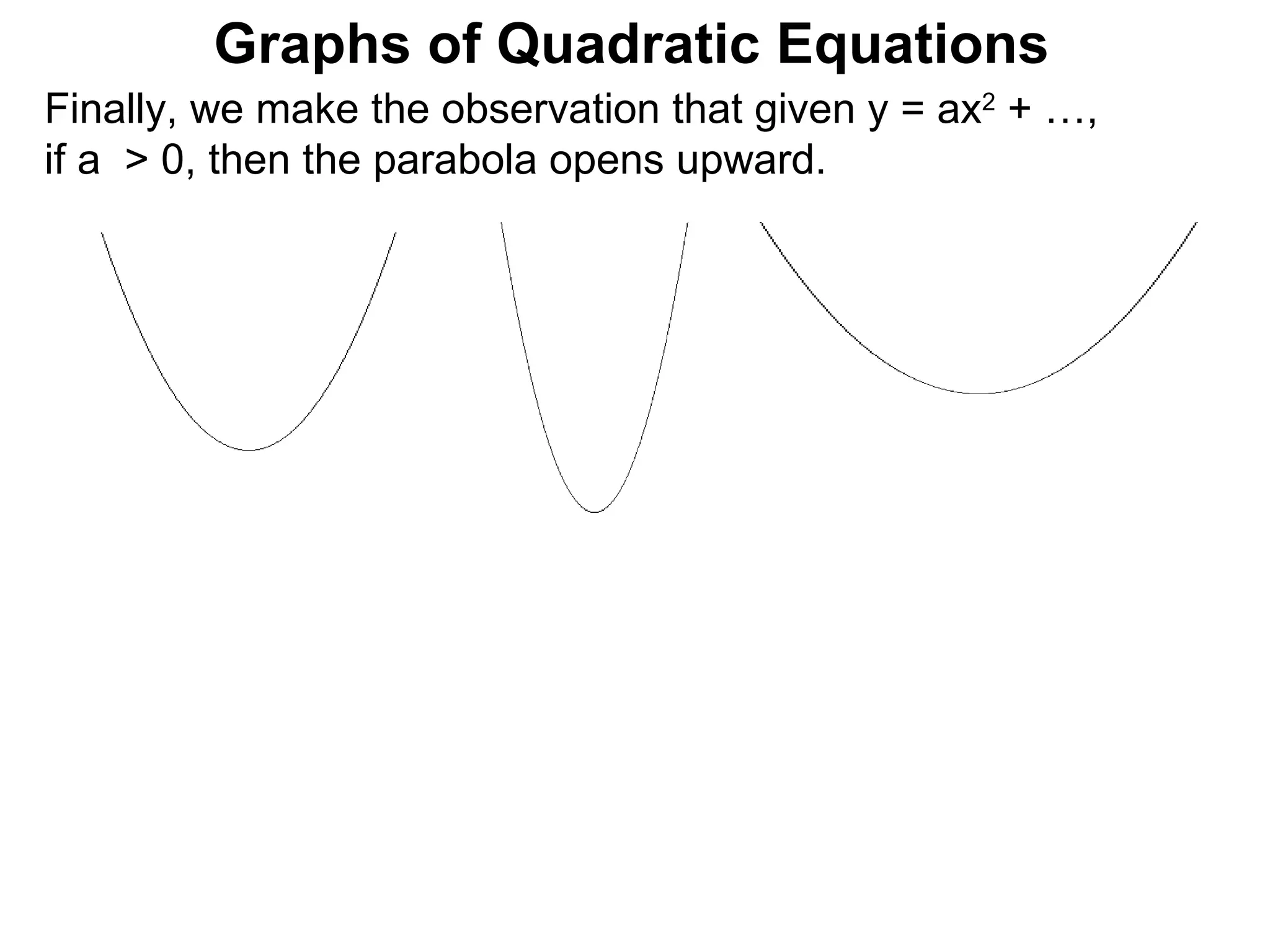 Finally, we make the observation that given y = ax 2  + …, if a  > 0, then the parabola opens upward. Graphs of Quadratic Equations 