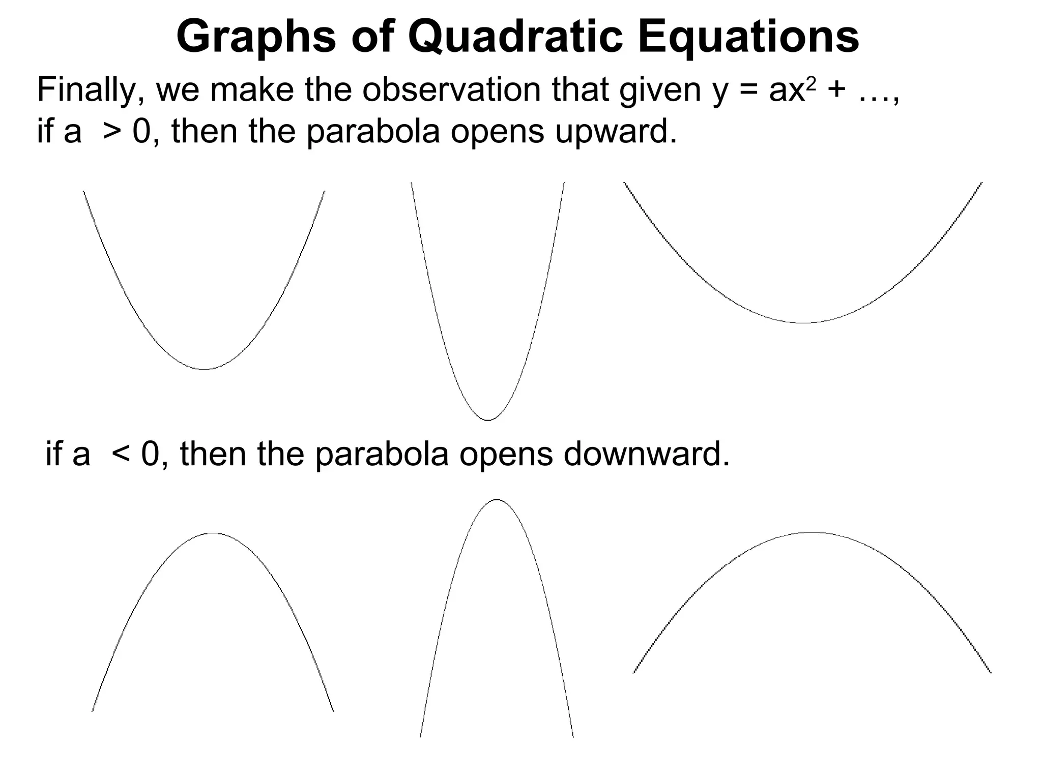 Finally, we make the observation that given y = ax 2  + …, if a  > 0, then the parabola opens upward. Graphs of Quadratic Equations if a  < 0, then the parabola opens downward. 