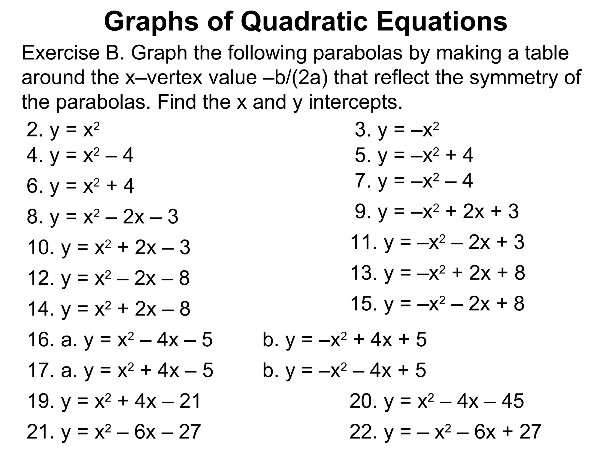 Exercise B. Graph the following parabolas by making a table  around the x–vertex value –b/(2a) that reflect the symmetry of  the parabolas. Find the x and y intercepts.  Graphs of Quadratic Equations 4. y = x 2  – 4 5. y = –x 2  + 4 2. y = x 2 3. y = –x 2 6. y = x 2  + 4 7. y = –x 2  – 4 8. y = x 2  – 2x – 3 9. y = –x 2  + 2x + 3 10. y = x 2  + 2x – 3 11. y = –x 2  – 2x + 3 12. y = x 2  – 2x – 8 13. y = –x 2  + 2x + 8 14. y = x 2  + 2x – 8 15. y = –x 2  – 2x + 8 16. a. y = x 2  – 4x – 5 b. y = –x 2  + 4x + 5 17. a. y = x 2  + 4x – 5 b. y = –x 2  – 4x + 5 19. y = x 2  + 4x – 21 20. y = x 2  – 4x – 45  21. y = x 2  – 6x – 27 22. y = – x 2  – 6x + 27 
