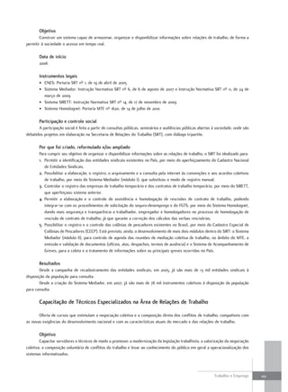 objetivo
        Construir um sistema capaz de armazenar, organizar e disponibilizar informações sobre relações de trabalho, de forma a
permitir à sociedade o acesso em tempo real.

       Data de início
       2006

       Instrumentos legais
       • CNES: Portaria SRT nº 1, de 19 de abril de 2005
       • Sistema Mediador: Instrução Normativa SRT nº 6, de 6 de agosto de 2007 e Instrução Normativa SRT nº 11, de 24 de
         março de 2009
       • Sistema SIRETT: Instrução Normativa SRT nº 14, de 17 de novembro de 2009
       • Sistema Homolognet: Portaria MTE nº 1620, de 14 de julho de 2010

       participação e controle social
       A participação social é feita a partir de consultas públicas, seminários e audiências públicas abertas à sociedade, onde são
debatidos projetos em elaboração na Secretaria de Relações do Trabalho (SRT), com diálogo tripartite.

       por que foi criado, reformulado e/ou ampliado
       Para cumprir seu objetivo de organizar e disponibilizar informações sobre as relações de trabalho, o SIRT foi idealizado para:
       1. Permitir a identificação das entidades sindicais existentes no País, por meio do aperfeiçoamento do Cadastro Nacional
          de Entidades Sindicais.
       2. Possibilitar a elaboração, o registro, o arquivamento e a consulta pela internet às convenções e aos acordos coletivos
          de trabalho, por meio do Sistema Mediador (módulo I), que substituiu o modo de registro manual.
       3. Controlar o registro das empresas de trabalho temporário e dos contratos de trabalho temporário, por meio do SIRETT,
          que aperfeiçoou sistema anterior.
       4. Permitir a elaboração e o controle de assistência e homologação de rescisões de contrato de trabalho, podendo
          integrar-se com os procedimentos de solicitação do seguro-desemprego e do FGTS, por meio do Sistema Homolognet,
          dando mais segurança e transparência a trabalhador, empregador e homologadores no processo de homologação de
          rescisão de contrato de trabalho, já que garante a correção dos cálculos das verbas rescisórias.
       5. Possibilitar o registro e o controle das colônias de pescadores existentes no Brasil, por meio do Cadastro Especial de
          Colônias de Pescadores (CECP). Está previsto, ainda, o desenvolvimento de mais dois módulos dentro do SIRT: o Sistema
          Mediador (módulo II), para controle de agenda das reuniões de mediação coletiva de trabalho, no âmbito do MTE, a
          emissão e validação de documentos (ofícios, atas, despachos, termos de ausência) e o Sistema de Acompanhamento de
          Greves, para a coleta e o tratamento de informações sobre as principais greves ocorridas no País.

       resultados
        Desde a campanha de recadastramento das entidades sindicais, em 2005, já são mais de 13 mil entidades sindicais à
disposição da população para consulta.
        Desde a criação do Sistema Mediador, em 2007, já são mais de 78 mil instrumentos coletivos à disposição da população
para consulta.

       capacitação de Técnicos especializados na área de relações de Trabalho

       Oferta de cursos que estimulam a negociação coletiva e a composição direta dos conflitos de trabalho, compatíveis com
as novas exigências do desenvolvimento nacional e com as características atuais do mercado e das relações de trabalho.

       objetivo
        Capacitar servidores e técnicos de modo a promover a modernização da legislação trabalhista, a valorização da negociação
coletiva, a composição voluntária de conflitos do trabalho e levar ao conhecimento do público em geral a operacionalização dos
sistemas informatizados.



                                                                                                                Trabalho e Emprego      101
 
